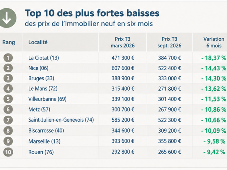 Top 10 plus forte baisse prix logement neuf 2026