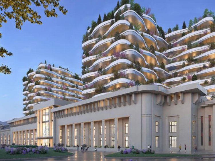 Les Nouveaux Thermes &agrave; Aix-les-Bains combinent r&eacute;habilitation patrimoniale du socle et construction de logements neufs dans deux tours.