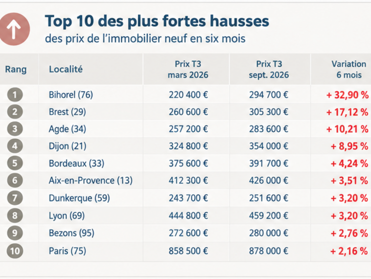 Top 10 plus forte hausse prix logement neuf 2026